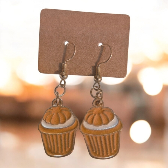 Handmade Jewelry - Handmade Enamel Orange Cupcake Dangle Earrings Fall Pumpkin Spice - New